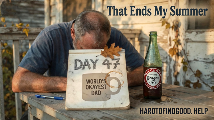 A gray-haired man slumps face-down on a weathered porch table beside a glass ginger-ale bottle and a notepad reading DAY 47, World's Okayest Dad; dry autumn leaves around.