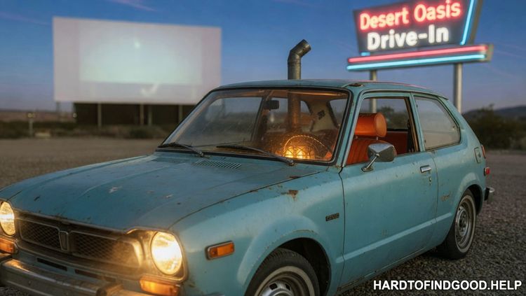  Weathered light-blue 1970s Honda Civic at a desert drive-in at dusk; a lit wood stove with a stovepipe through the roof glows inside; neon Desert Oasis Drive-In sign behind.
