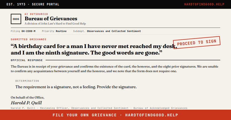 O-BOG (Bureau of Grievances) form, filing GH-2208-M, on a birthday card reaching a ninth signer who has never met the honoree. Disposition stamp reads PROCEED TO SIGN.