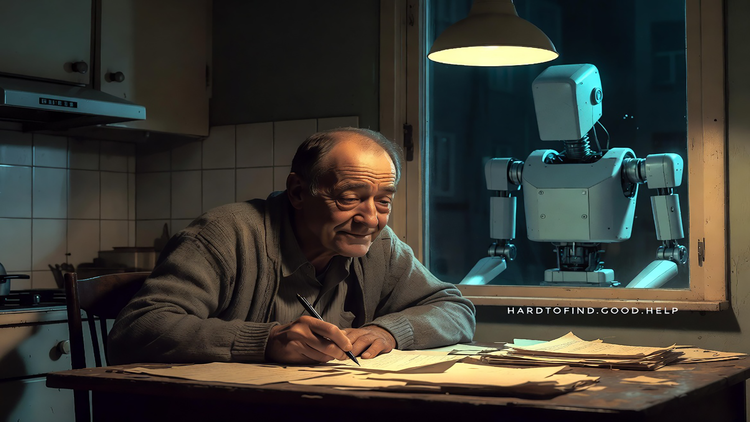  A middle-aged man in a cardigan sits at a kitchen table at night with a pen and note; his reflection in the dark window behind him appears as a humanoid robot.