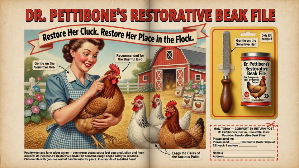 Period full-color farm-catalog advertisement for "Dr. Pettibone's Restorative Beak File," showing a small file with a wooden handle, a farm wife holding a hen, and a clip-out mail coupon.