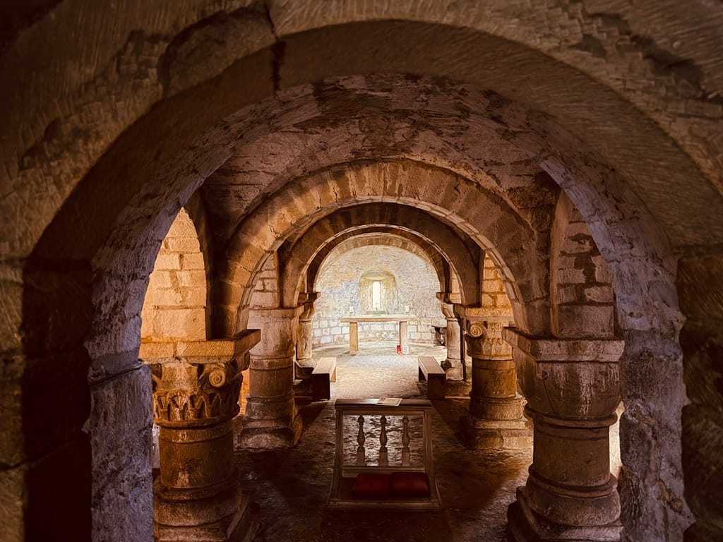 Low stone vaulting in the crypt at Lastingham