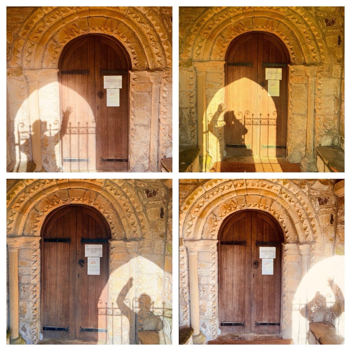 Four views of the Norman door at St Andrew's, Bolam, with the photographer's shadow