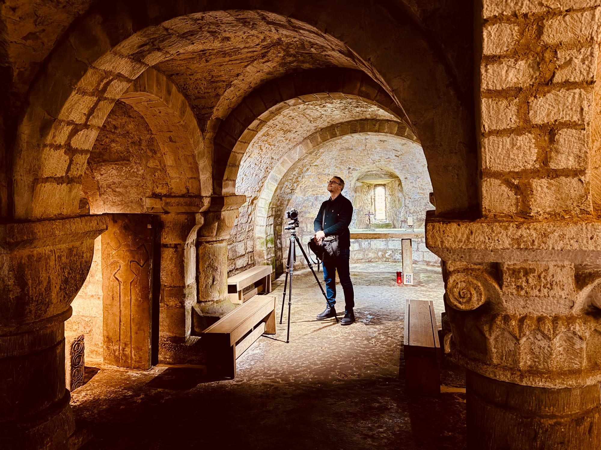 Andy Marshall beneath stone vaults
