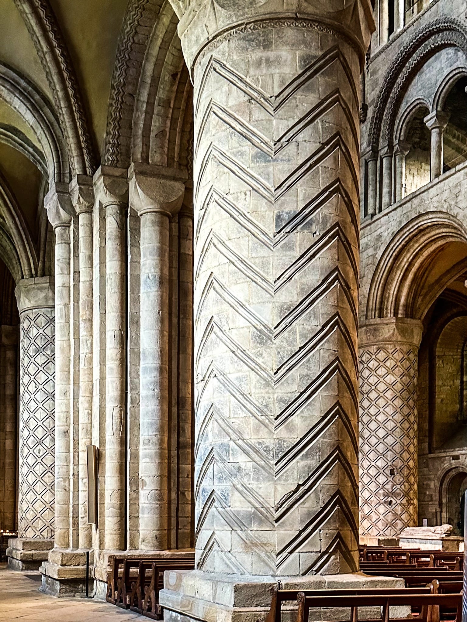 Massive piers and round arches at Durham Cathedral