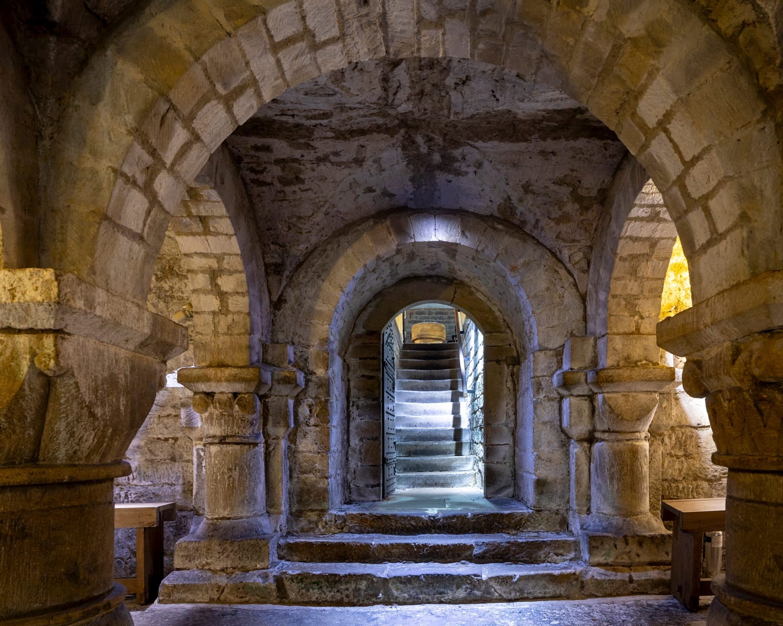 Atmospheric view through Lastingham's Romanesque crypt