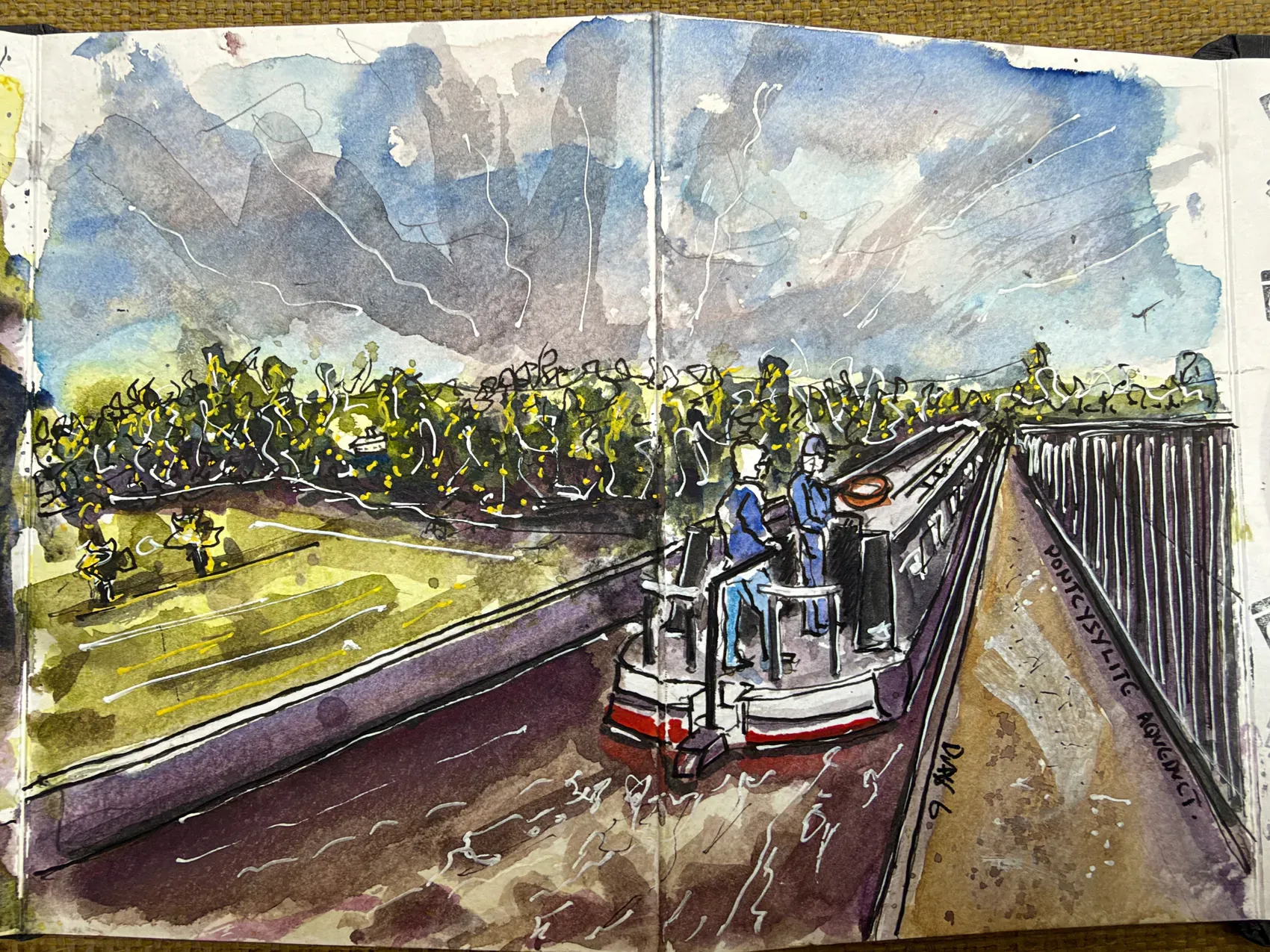 A narrowboat on Pontcysyllte Aqueduct beneath a broad blue-grey watercolour sky, with fields below.