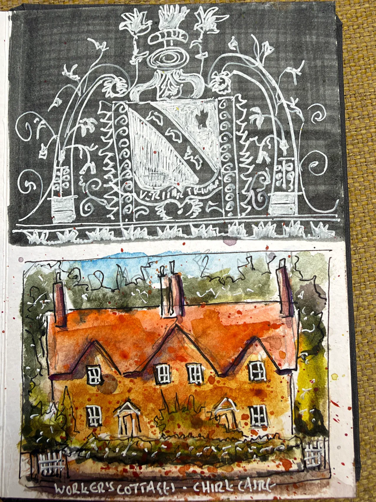 White ink heraldic ironwork above a warm orange watercolour of workers’ cottages at Chirk Castle.