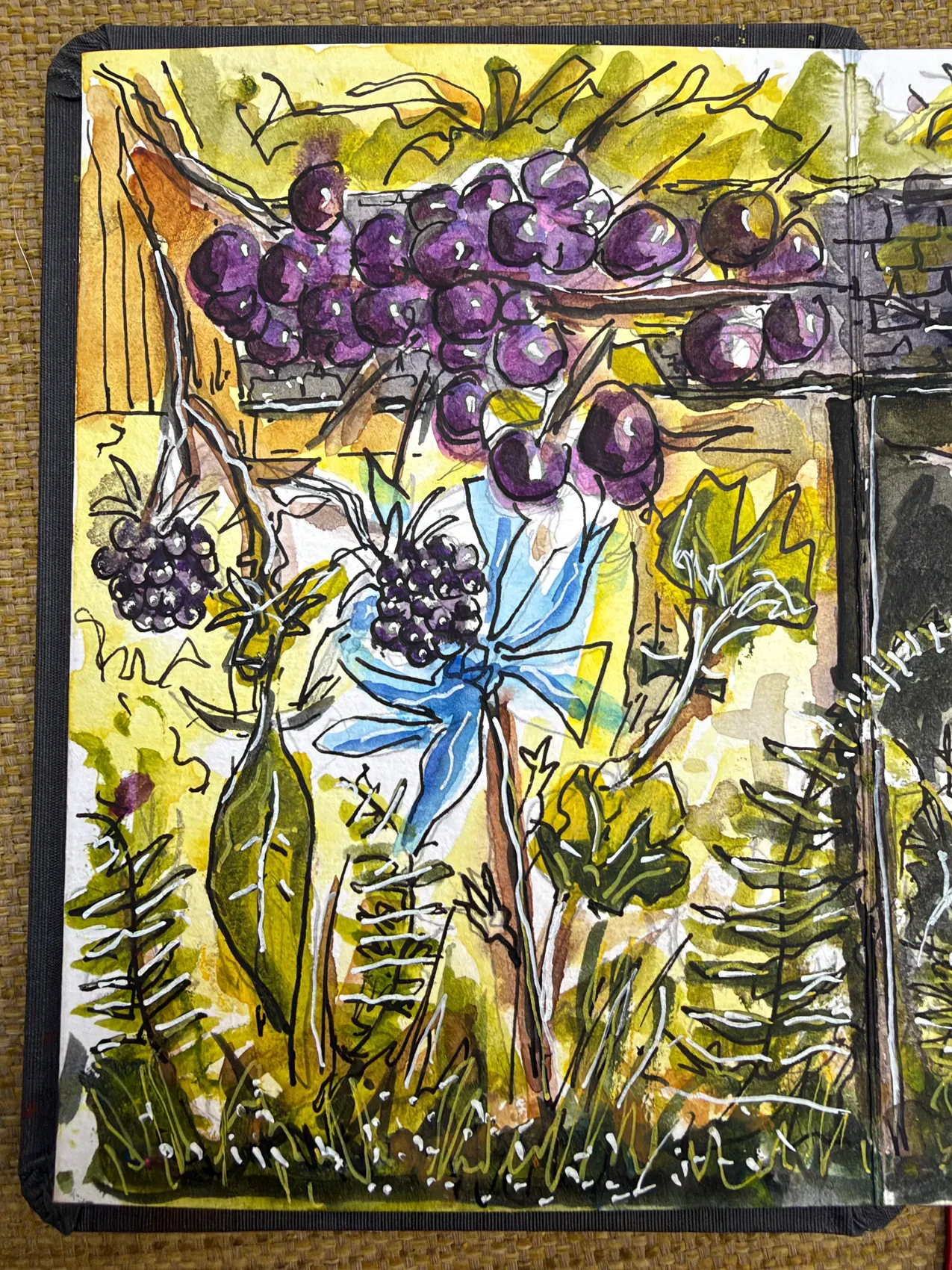 Purple berries and foliage in ink and watercolour.
