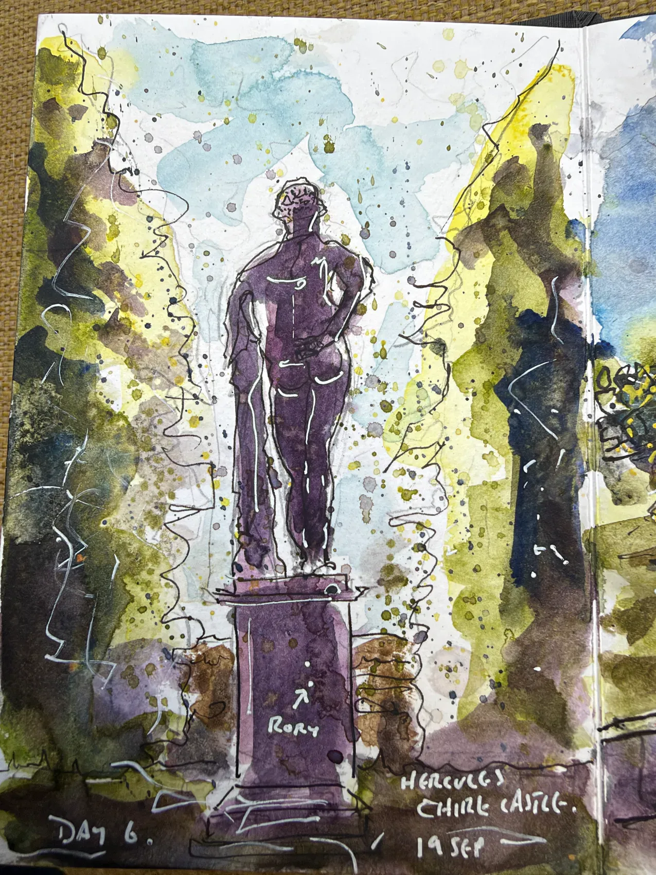 A purple ink and watercolour statue of Hercules framed by tall green hedges at Chirk Castle.