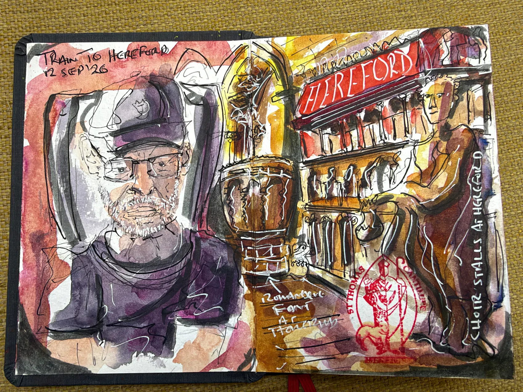 Ink and watercolour self-portrait beside architectural details and handwritten notes from Hereford.
