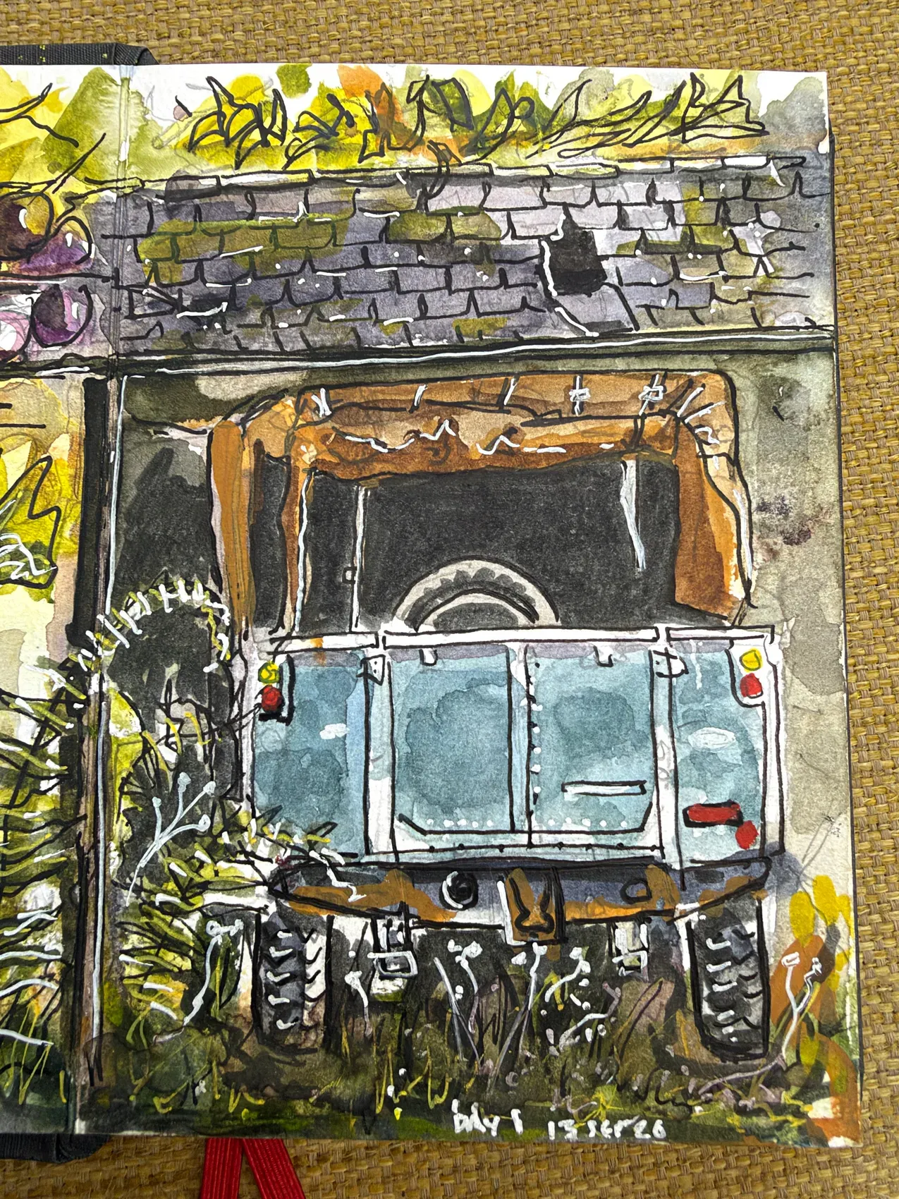 A pale blue Land Rover beneath a barn roof, surrounded by foliage and dark ink lines.