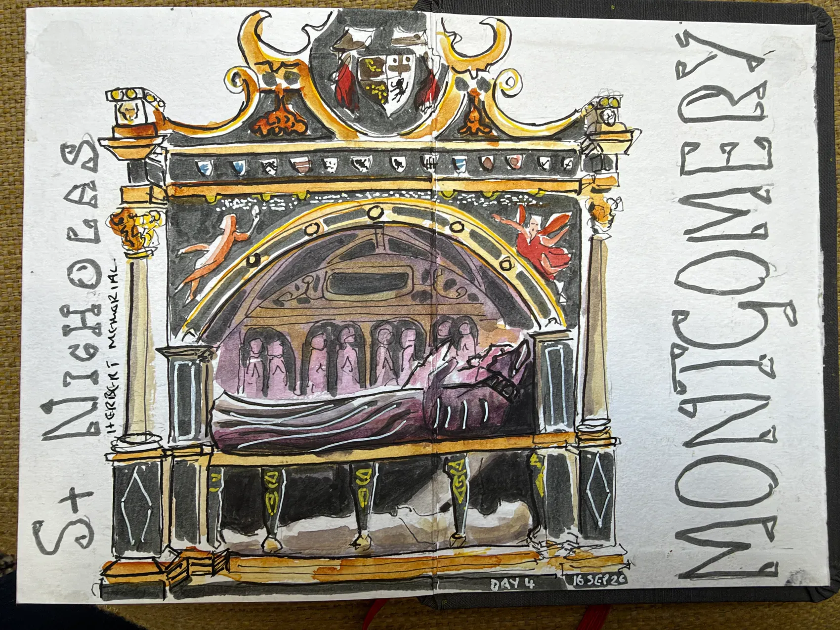 A richly coloured memorial at St Nicholas, Montgomery, drawn across a double-page spread.
