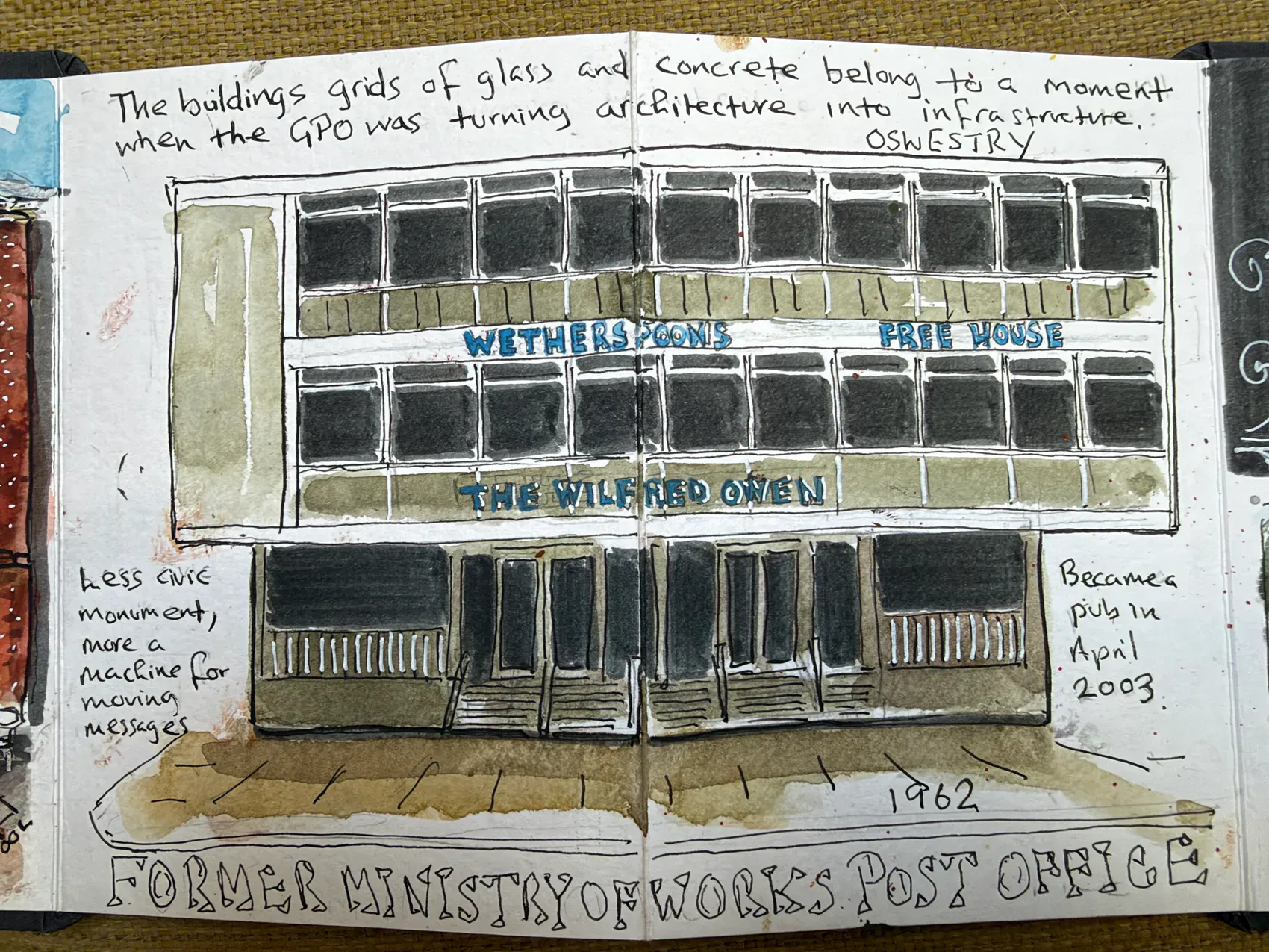 The former post office in Oswestry, now the Wilfred Owen pub, with handwritten architectural observations.