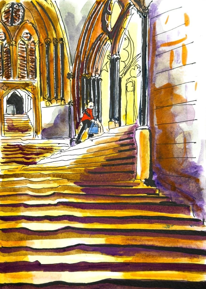 Andy’s ink and watercolour of the rippling Sea of Steps at Wells Cathedral