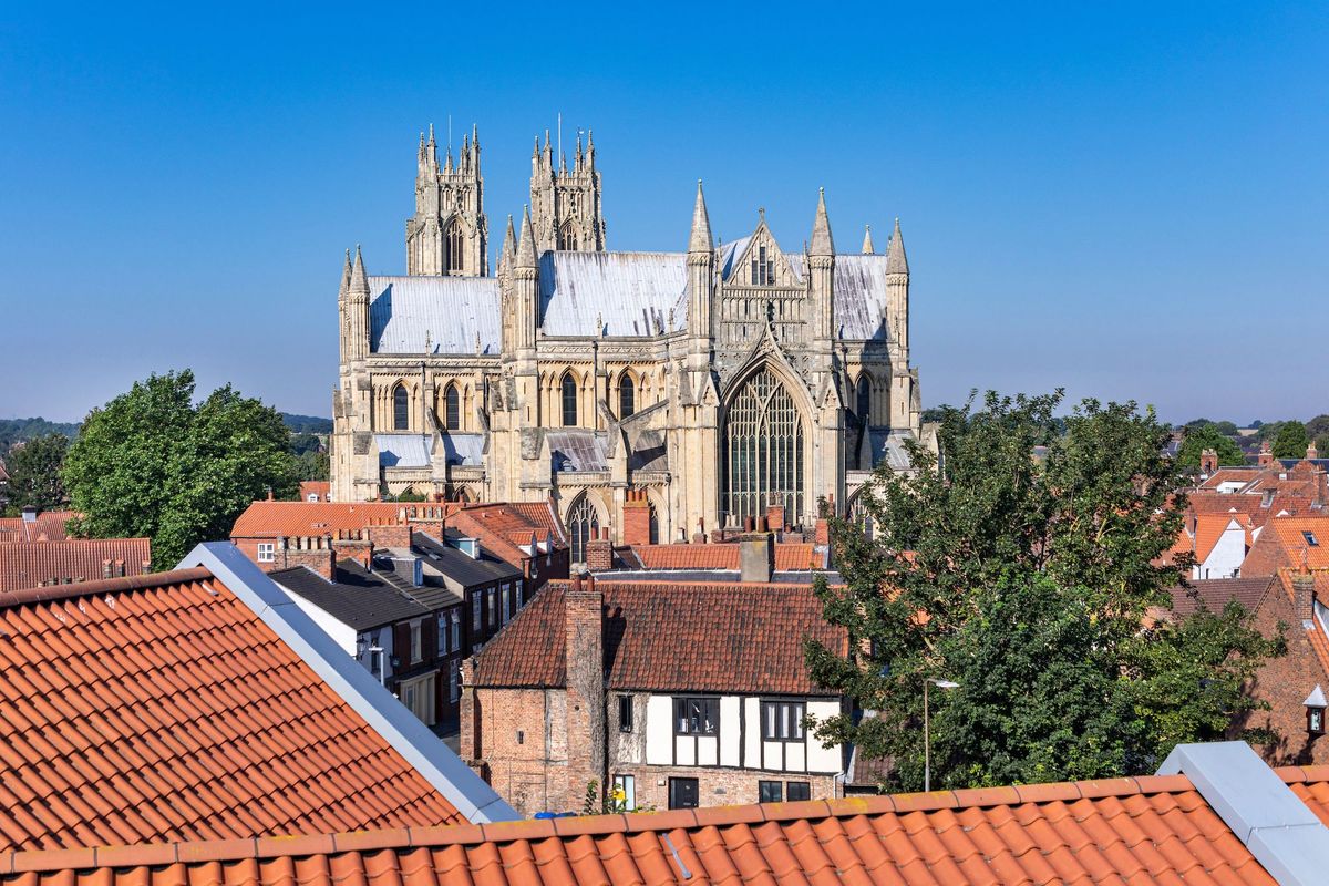 Beverley Minster rising above the rooftops of Yorkshire