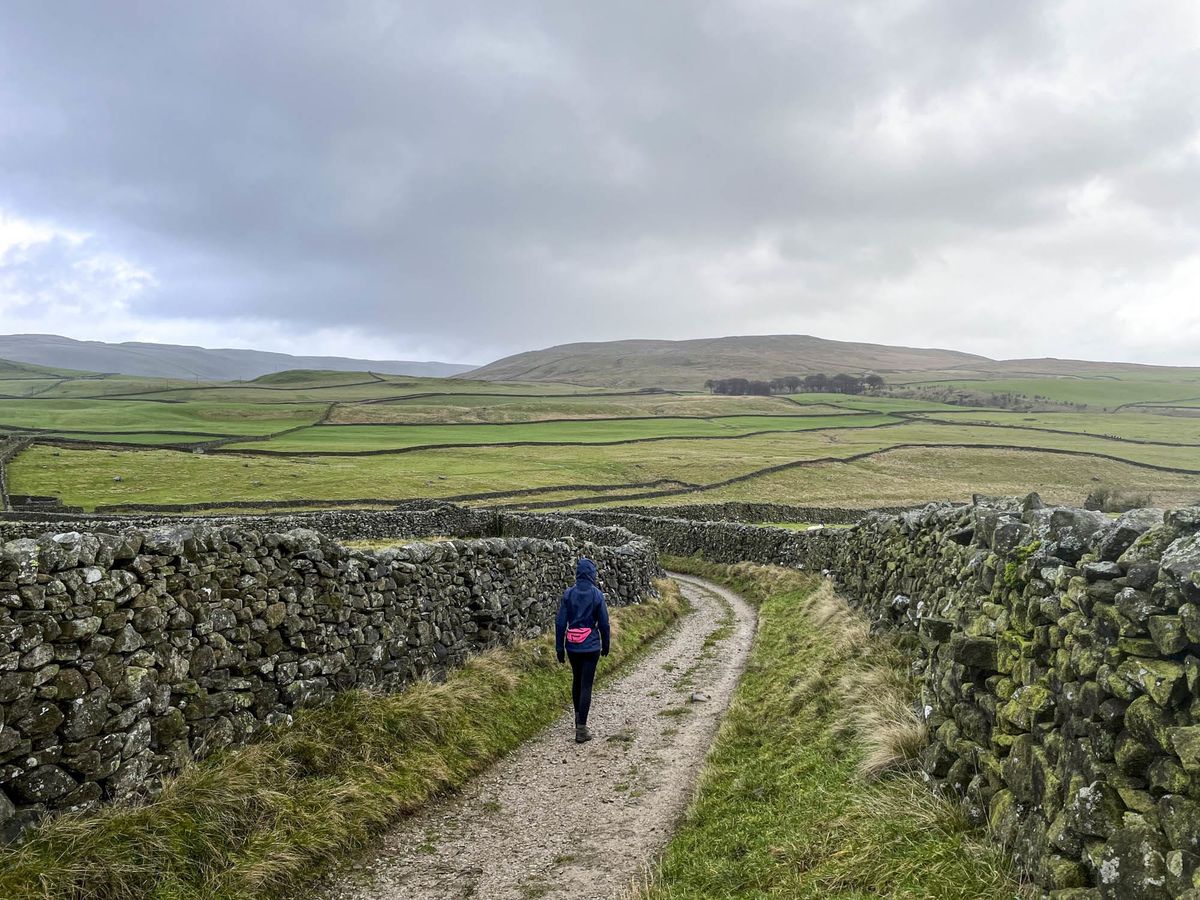 A walker following a stone-walled track through the Yorkshire landscape