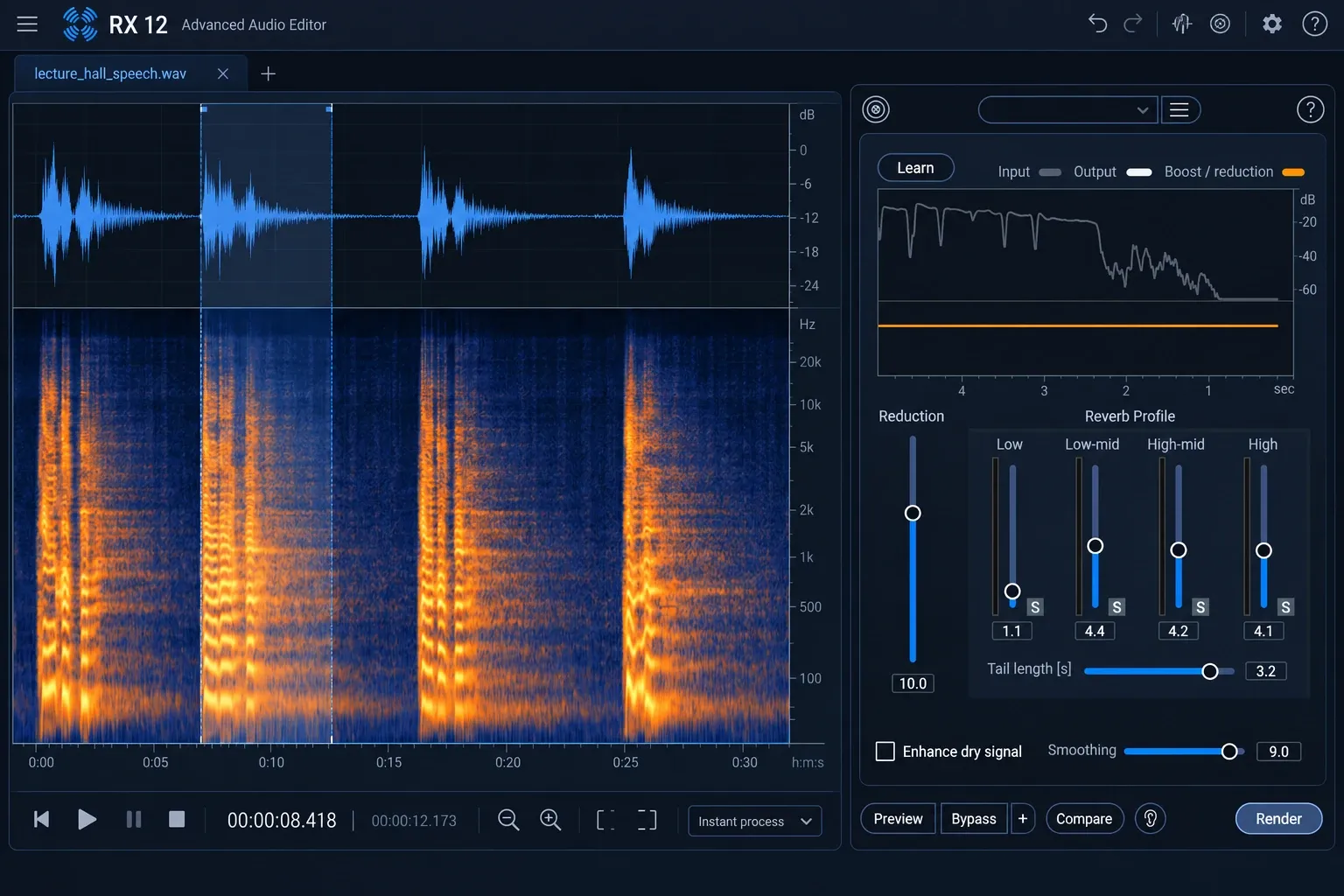 RX 12 De-reverb controls reducing long room tails after crowd-noise cleanup