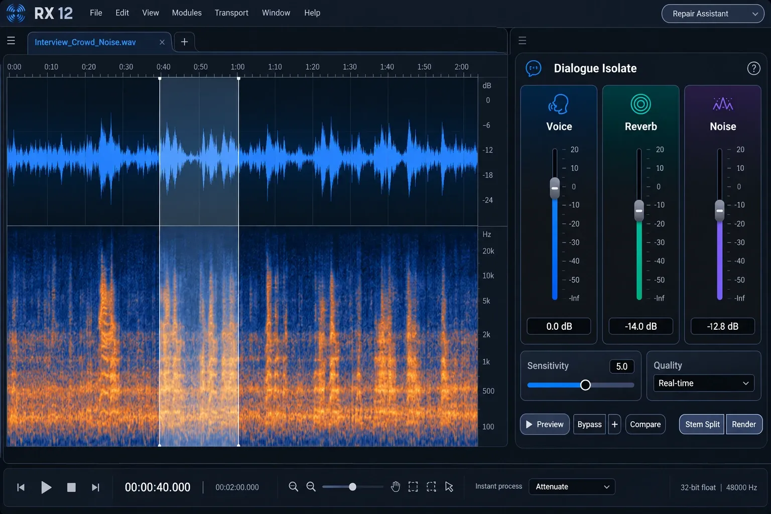 RX 12 Dialogue Isolate controls reducing crowd noise while preserving a spoken voice