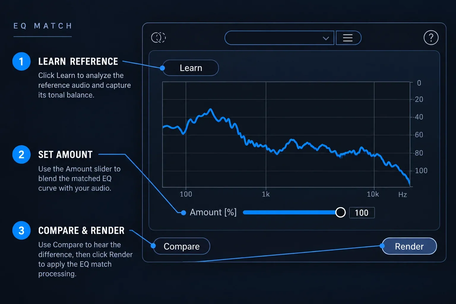 RX EQ Match module: Learn reference spectrum, Amount control, Compare and Render
