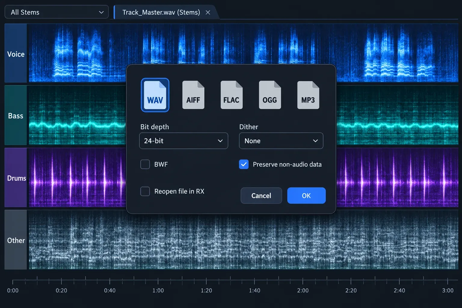 iZotope RX 12 Stems view with Voice, Bass, Drums and Other lanes and the Export dialog set to 24-bit WAV