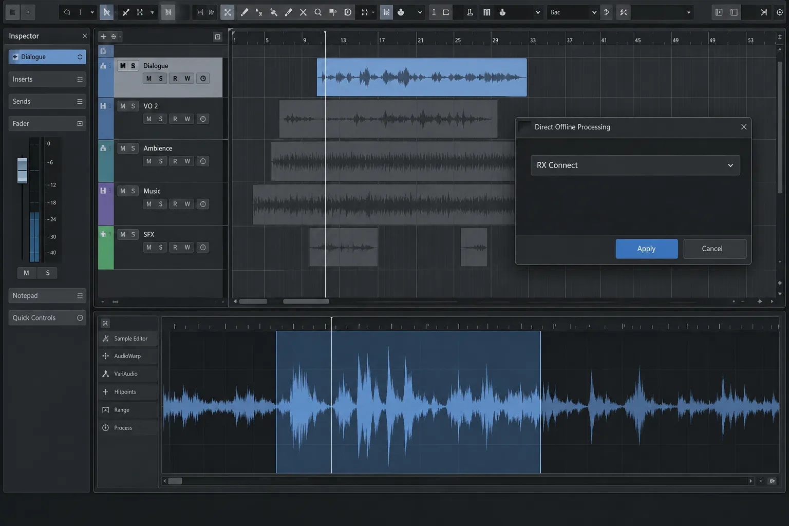 Cubase or Nuendo with a dialogue event selected and RX Connect open in Direct Offline Processing.