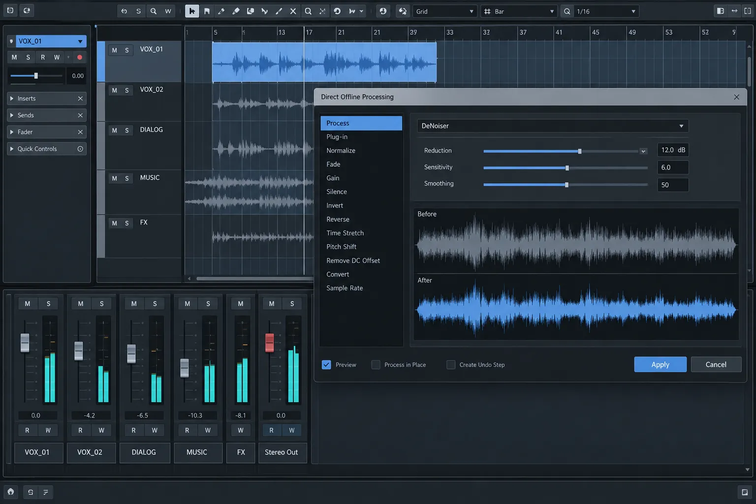 Cubase or Nuendo showing the returned RX result in Direct Offline Processing before the final Apply.