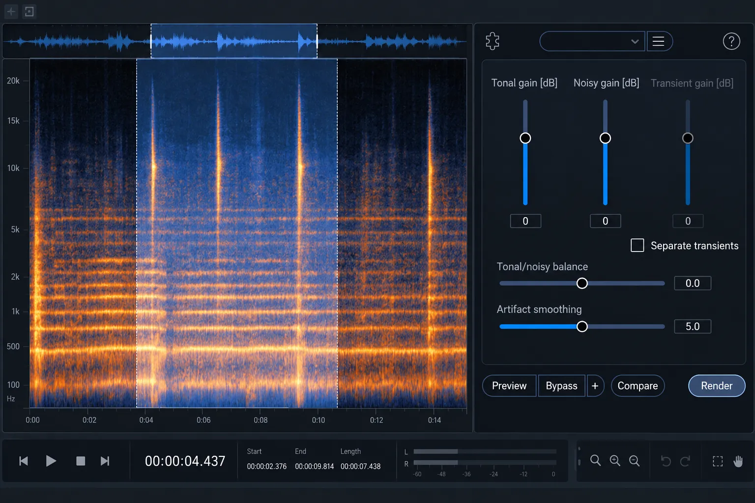 RX Audio Editor with Deconstruct open on audio containing tonal, noisy and transient detail.