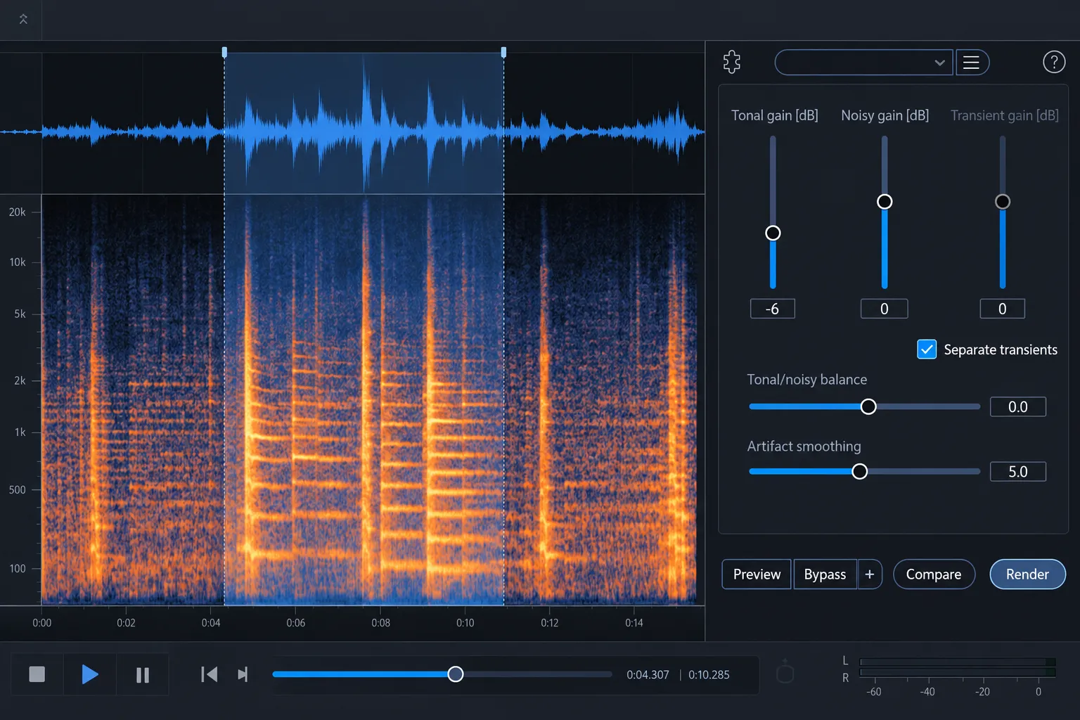Deconstruct interface previewing tonal, noisy and transient controls on a representative spectral selection.