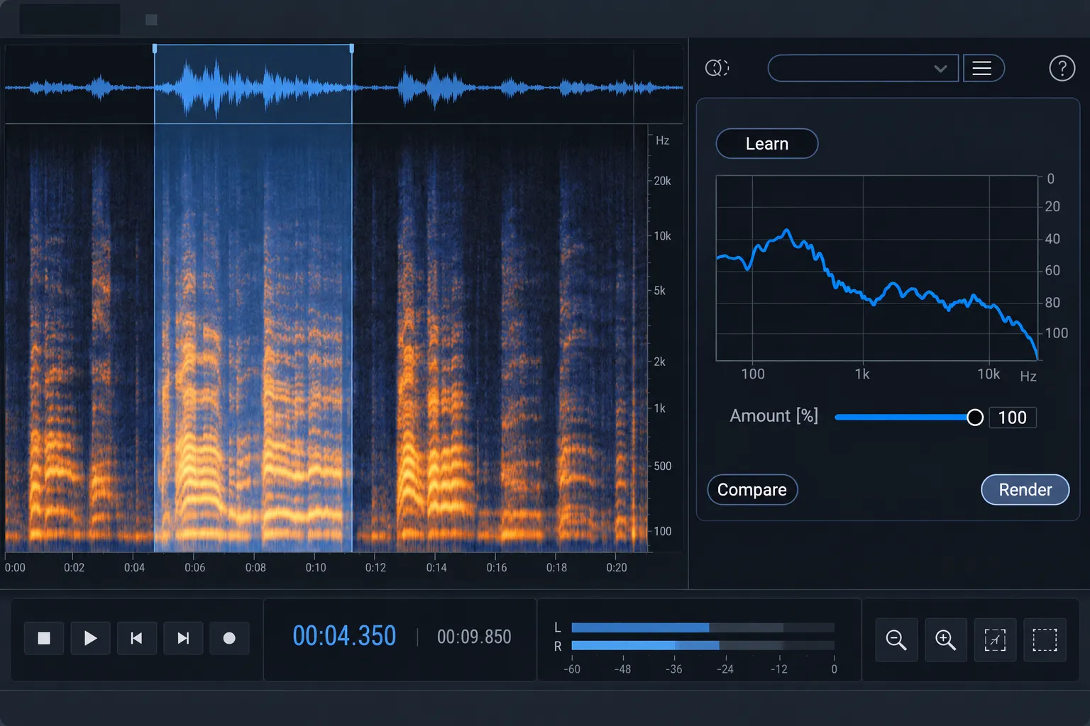 RX Audio Editor with a dialogue reference selected and EQ Match open at the Learn stage.