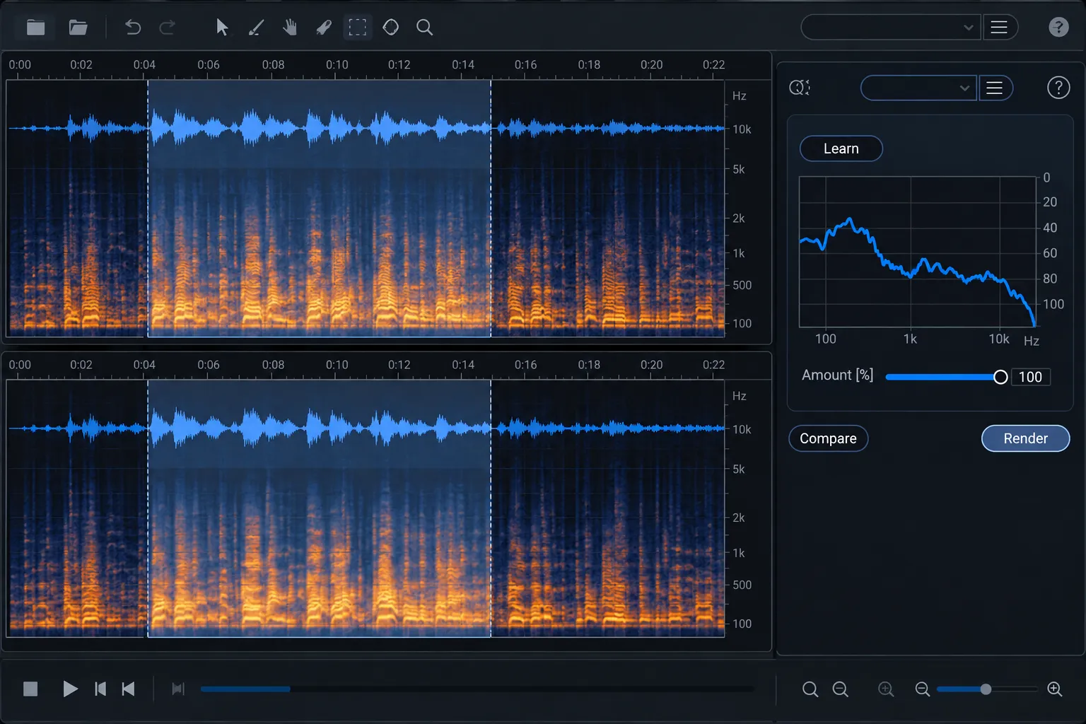 RX spectral workspace comparing similarly sized reference and target dialogue selections for EQ Match.