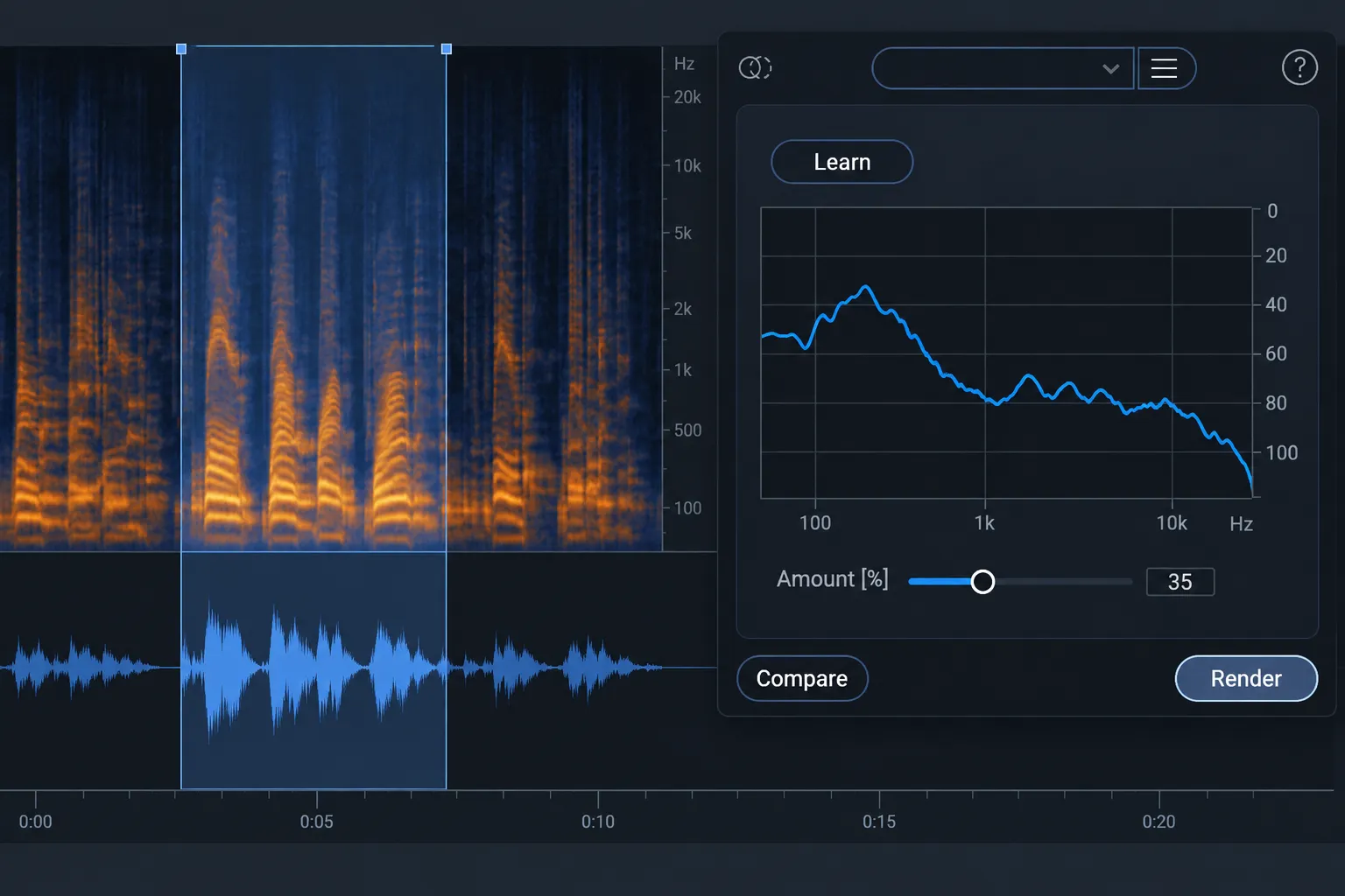 EQ Match interface with the target dialogue selected and Amount set conservatively before comparison.