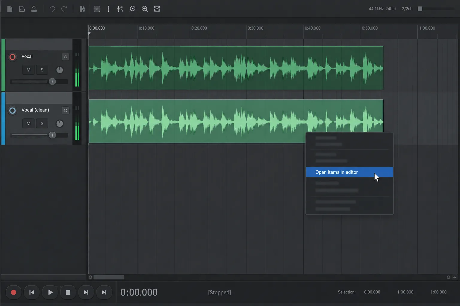 REAPER arrange view with an original audio item, a duplicated working copy and Open items in editor selected.