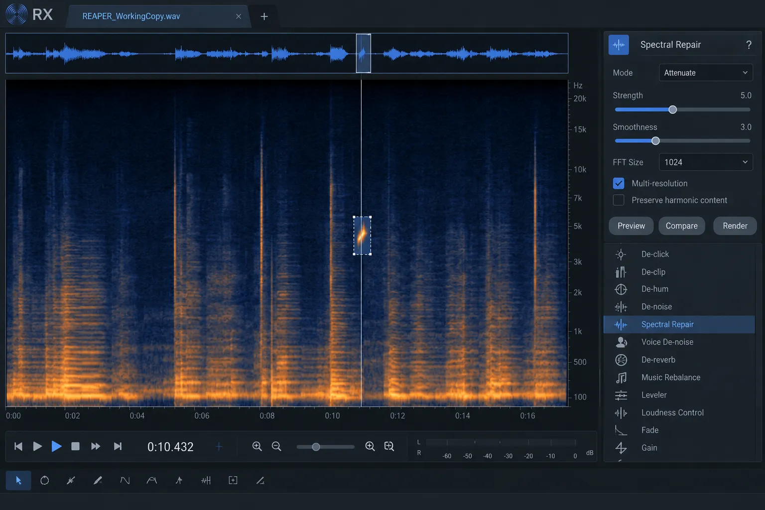 RX Audio Editor repairing the duplicated working copy sent from REAPER.