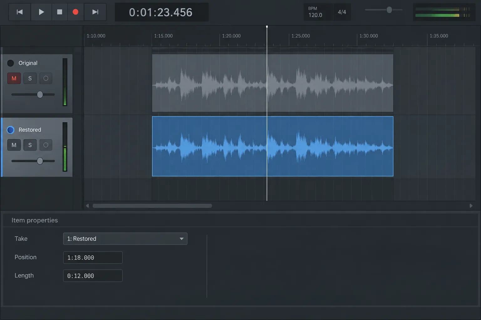 REAPER arrange view with the repaired item aligned to the original start position and duration.
