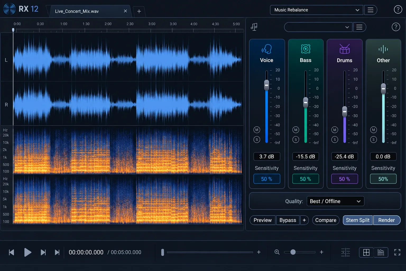 RX 12 Music Rebalance controls evaluating applause over a live music recording