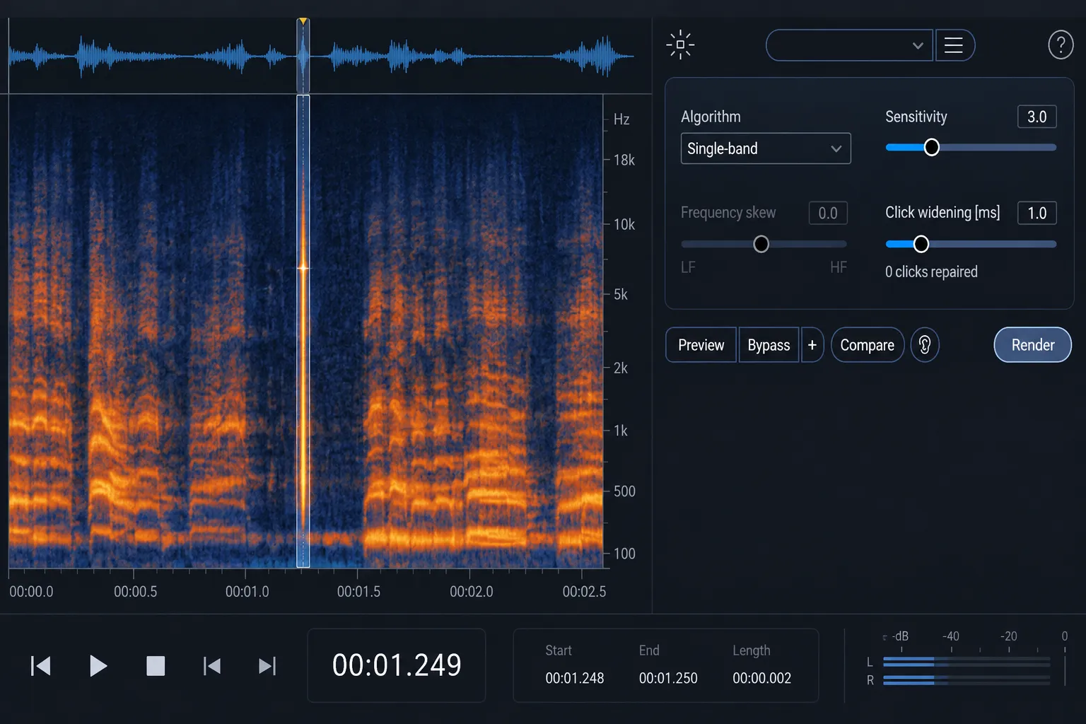 RX Audio Editor with a short click selected and the De-click module open in Single-band mode.
