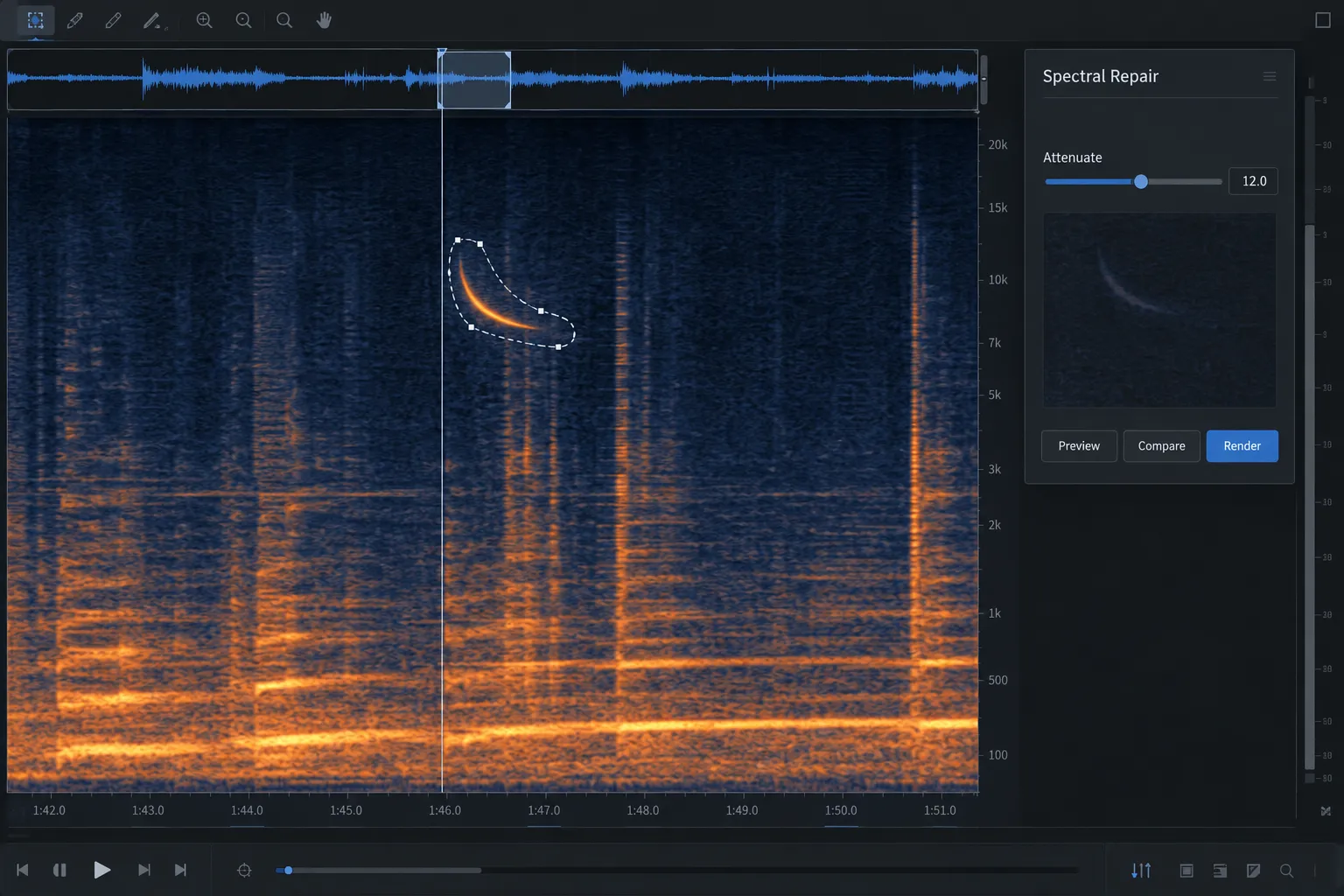 RX Audio Editor with a localized squeak selected in the spectrogram and Spectral Repair set to Attenuate.