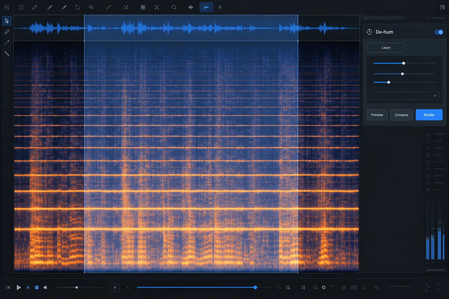 RX Audio Editor showing stable harmonic hum lines with the De-hum module open.