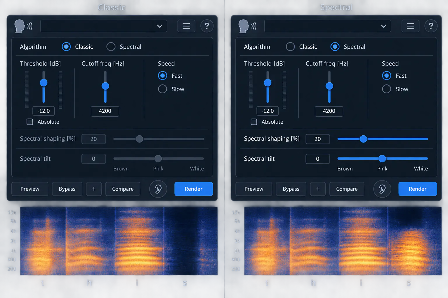Two De-ess panels on the word this: Classic with Spectral shaping and tilt greyed out and the whole S darkened, Spectral with only the upper frequencies of the S reduced