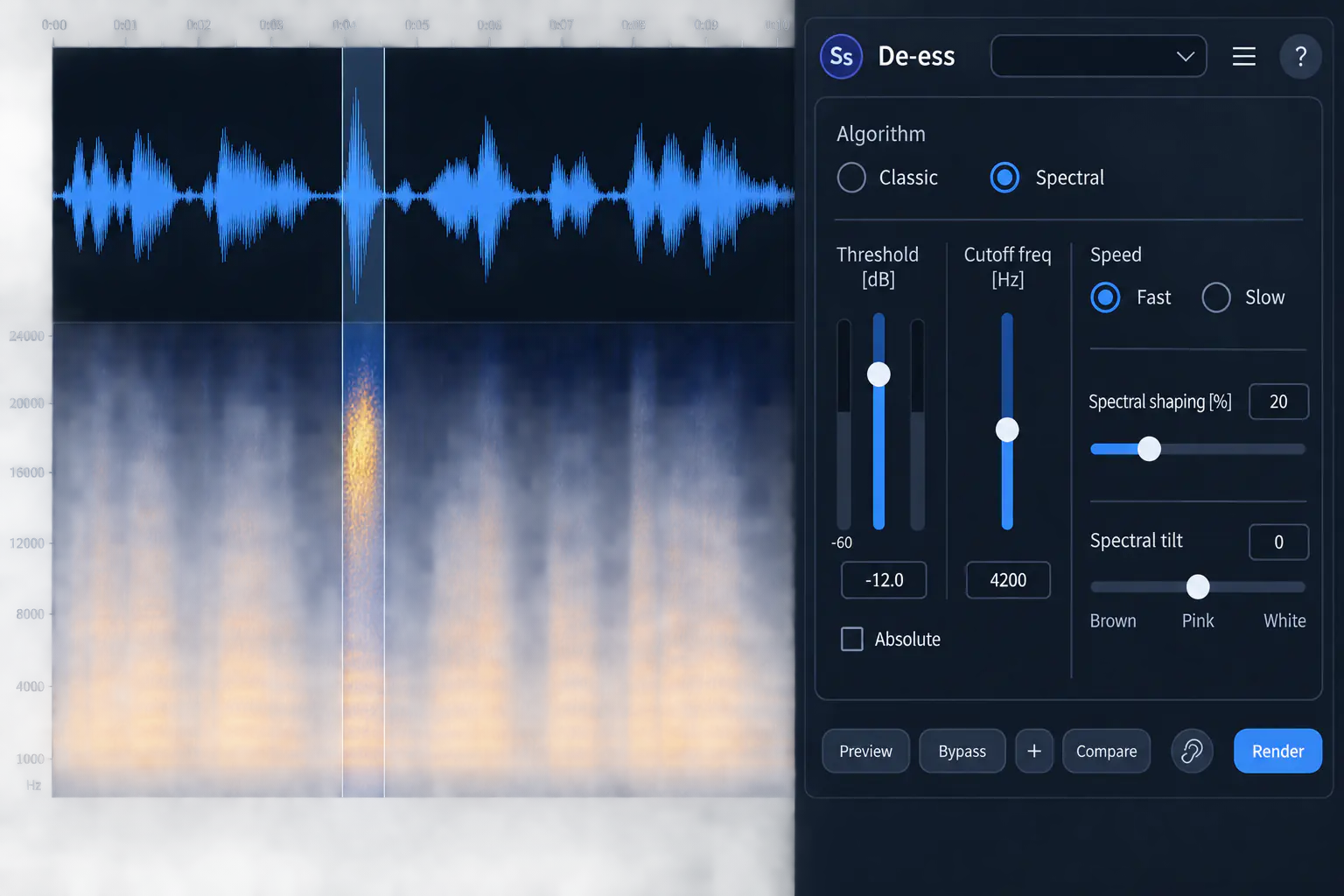 RX 12 De-ess module in Spectral mode beside a spoken-voice spectrogram with one S selected: Threshold -12.0 dB, Cutoff freq 4200 Hz, Fast speed, Spectral shaping 20% and Spectral tilt 0 above the Pink label