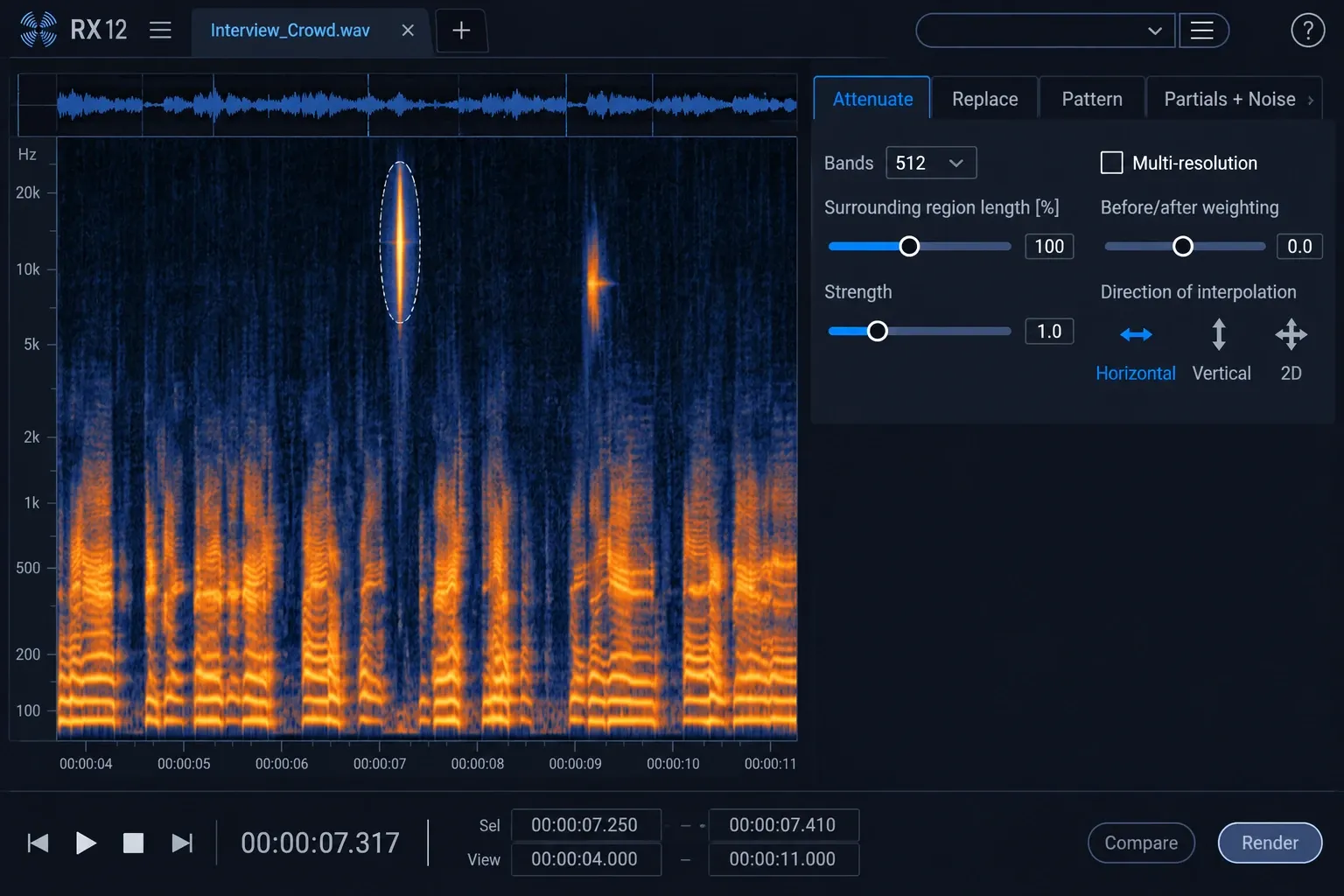 RX 12 spectrogram with a crowd whistle selected for Spectral Repair Attenuate