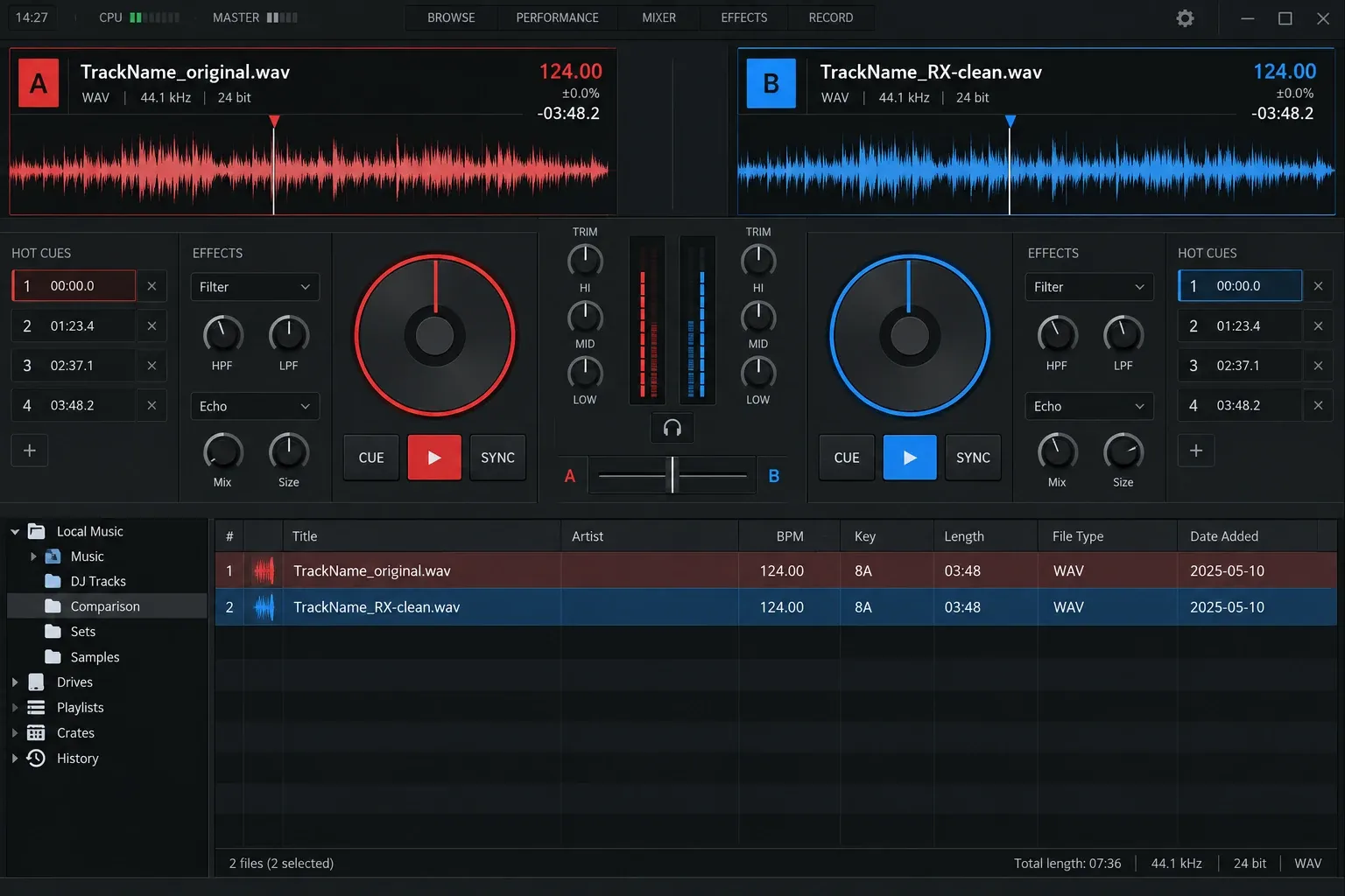 VirtualDJ two-deck view comparing an original track with an RX-cleaned WAV in the browser