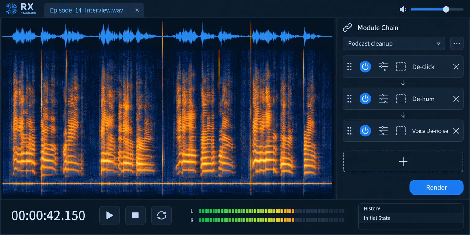 RX 12 Standard with a dialogue file open and the Module Chain panel set to a Podcast cleanup preset that runs De-click, De-hum and Voice De-noise in order above a Render button