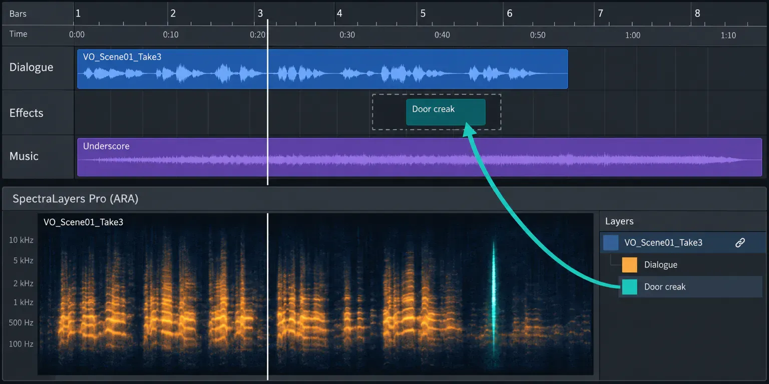 DAW timeline with Dialogue, Effects and Music tracks above an embedded SpectraLayers Pro ARA pane, where a Door creak layer separated from the dialogue clip is dragged up to the Effects track
