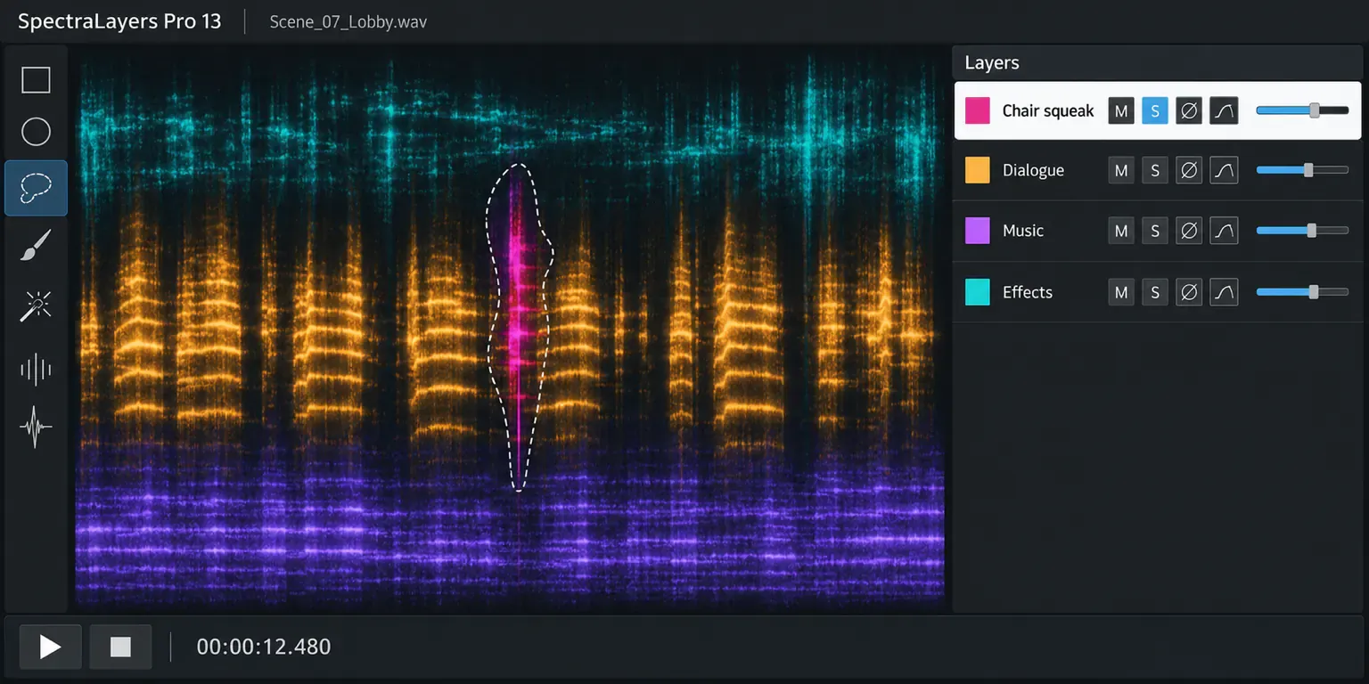 SpectraLayers Pro 13 with a lasso around a magenta chair squeak in dialogue, and a Layers panel listing Chair squeak, Dialogue, Music and Effects with mute, solo, polarity, envelope and volume controls