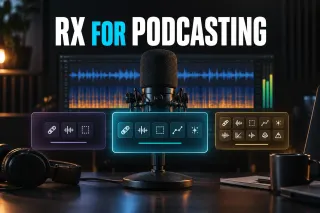 RX for Podcasting title over a microphone in front of a waveform and spectrogram display, with three tool panels of growing size for RX 12 Elements, Standard and Advanced