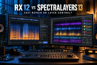 Dual-monitor comparison of RX 12 module-based repair and SpectraLayers 13 layer-based spectral editing