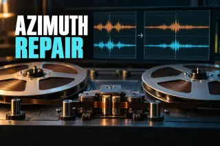 Reel-to-reel tape deck with its head block in front of a monitor where two time-shifted channel waveforms are brought back into line, under the title Azimuth Repair