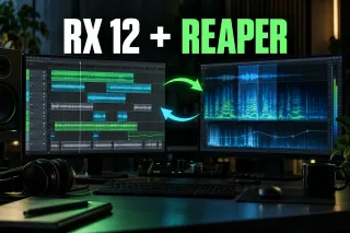 iZotope RX 12 and REAPER round-trip workflow with a multitrack timeline linked to a spectral repair editor.